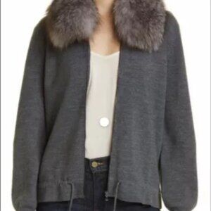 Women's Black Wool Kobi Halperin Zip Sweater Jacket w/ silver fox fur collar XL